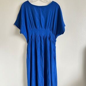 Blue Pleat Curved Waist Silk Dress